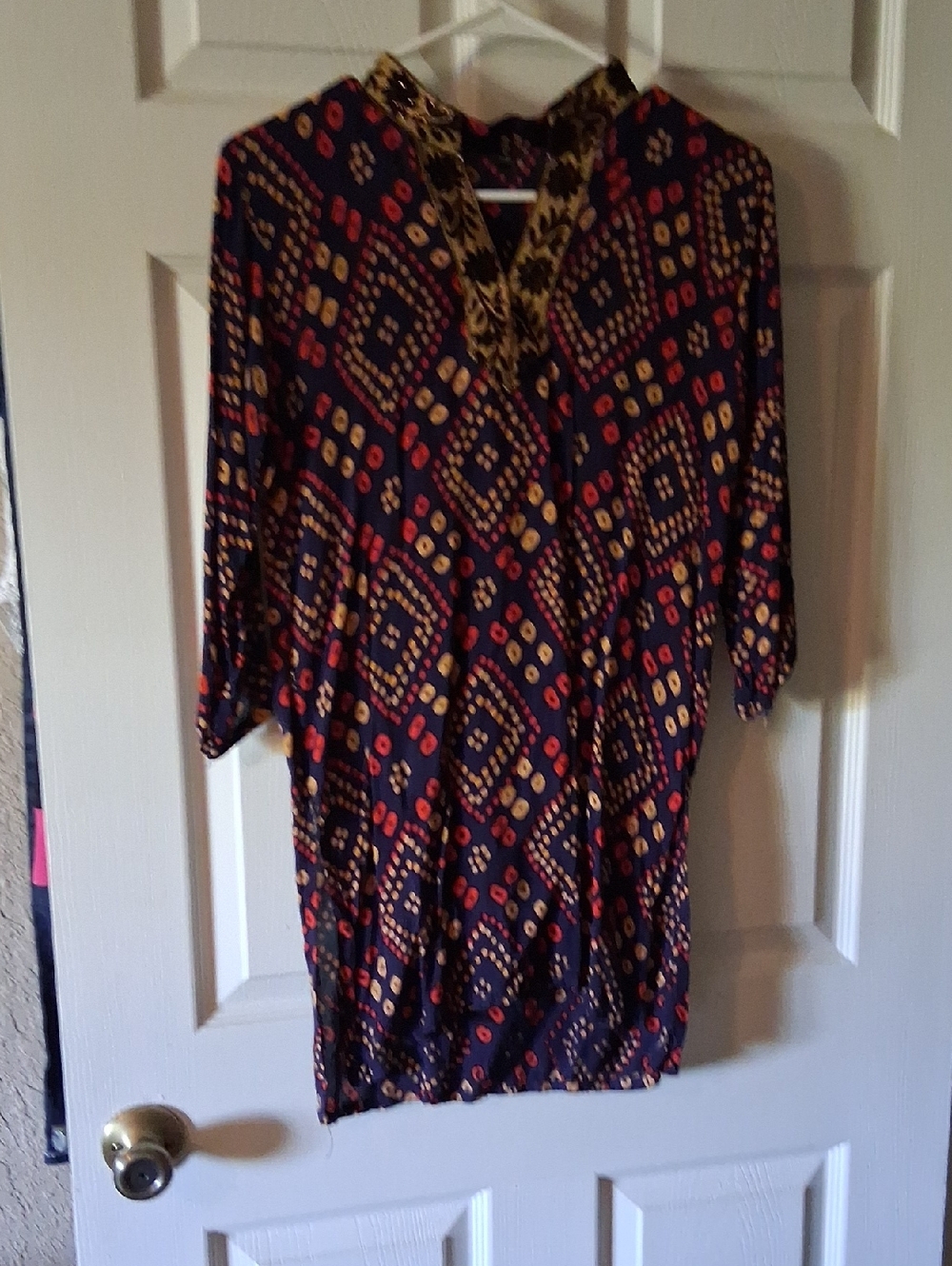 Patagonia Navy Tunic with Red and Yellow Geometric Print